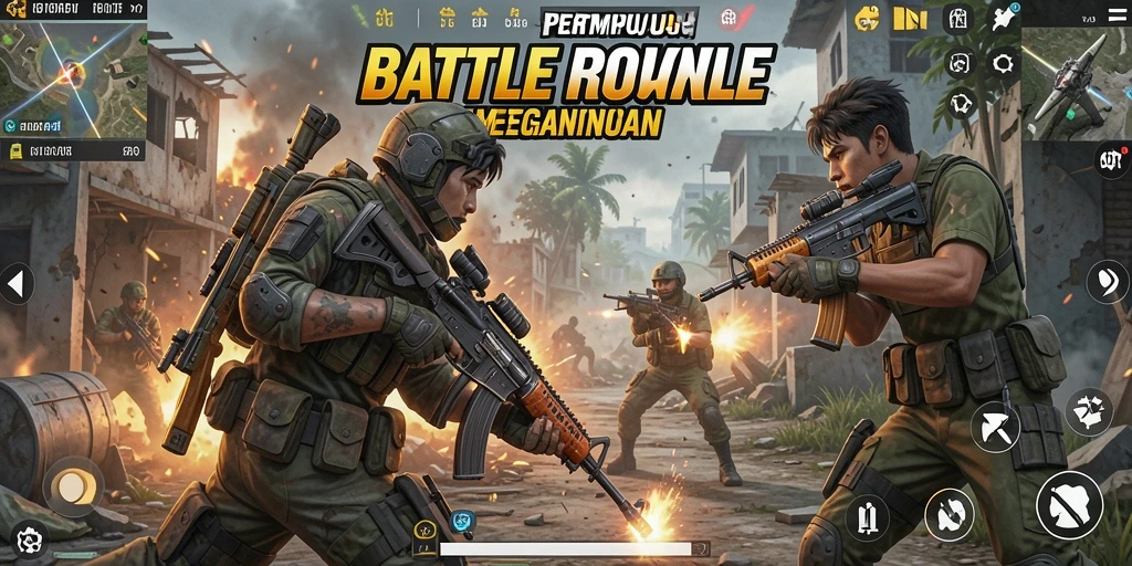 Screenshot menunjukkan aksi intens dalam pertempuran Battle Royale.