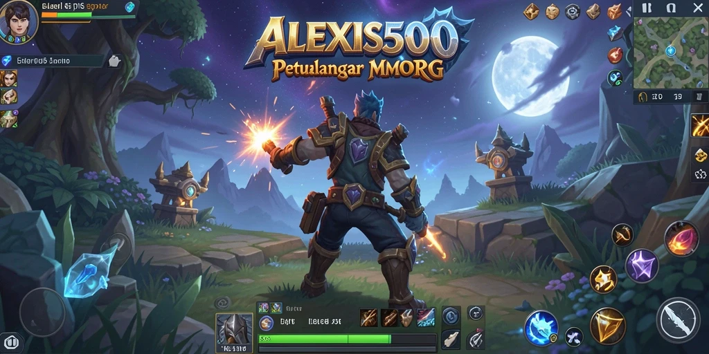 Screenshot ALEXIS500 menunjukkan pertarungan epik dalam dunia MMORPG.