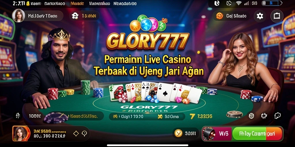 Screenshot GLORY777 menampilkan dealer langsung dan pemain dalam suasana kasino.