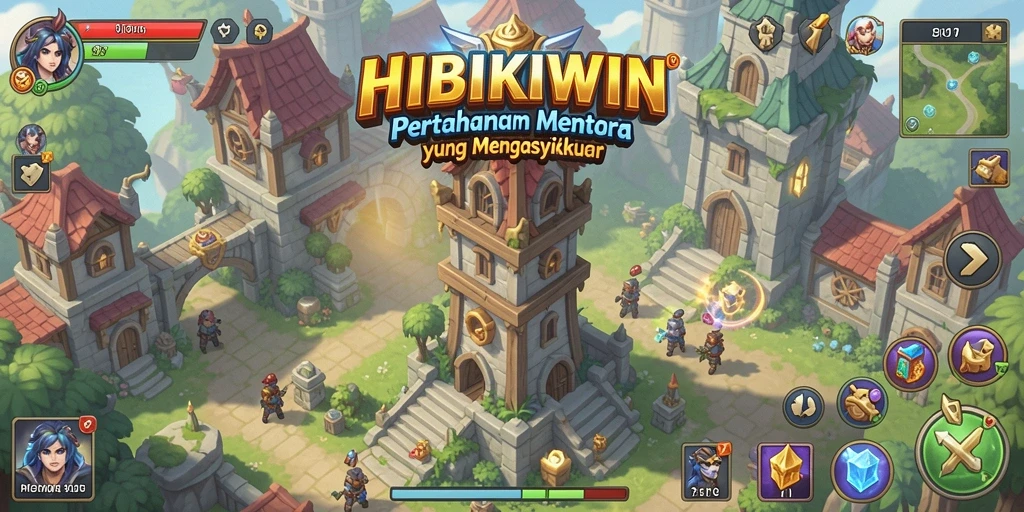 Tampilan gameplay HIBIKIWIN dengan menara yang bertempur melawan gelombang musuh.