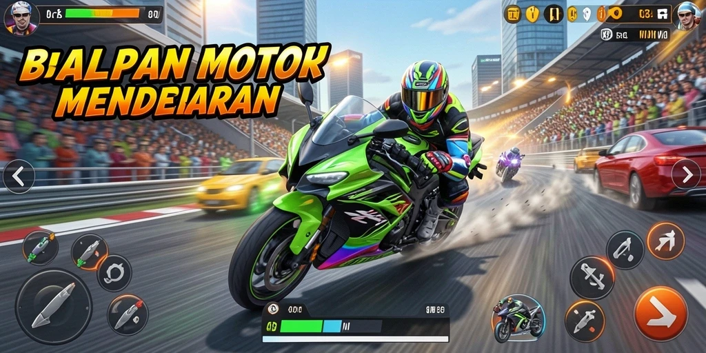 Screenshot gameplay INTERWIN menunjukkan aksi balapan motor yang mendebarkan.