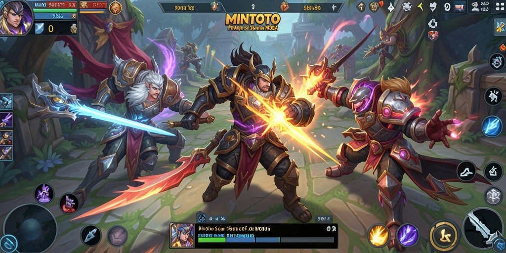 Tangkapan layar gameplay <strong>MINTOTO</strong> yang menampilkan pertarungan seru di arena MOBA.