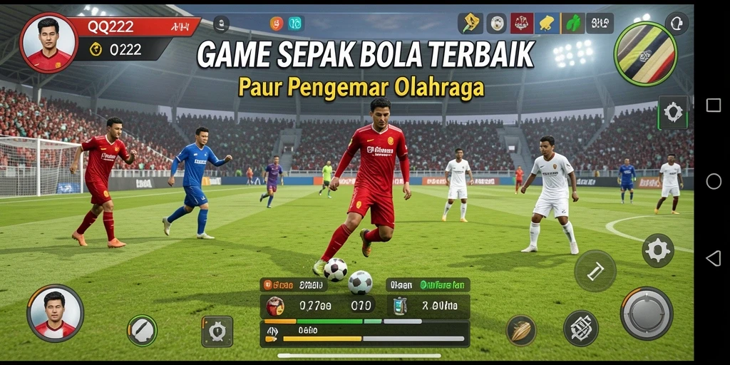 Screenshot gameplay QQ222 menunjukkan aksi sepak bola yang mendebarkan.