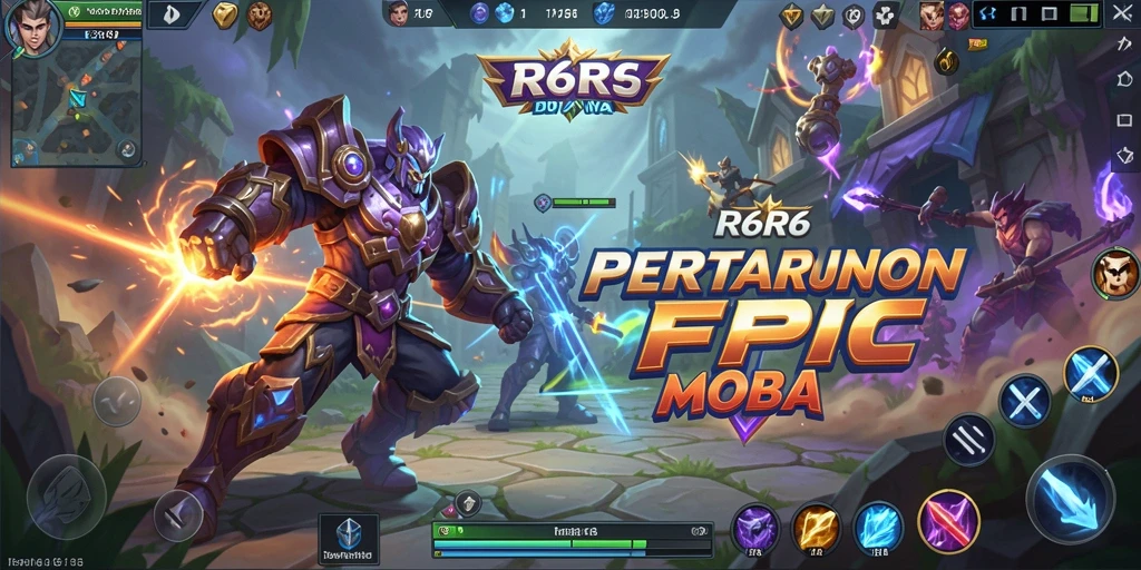 Screenshot gameplay R6R6 yang menampilkan aksi pertarungan MOBA yang seru.