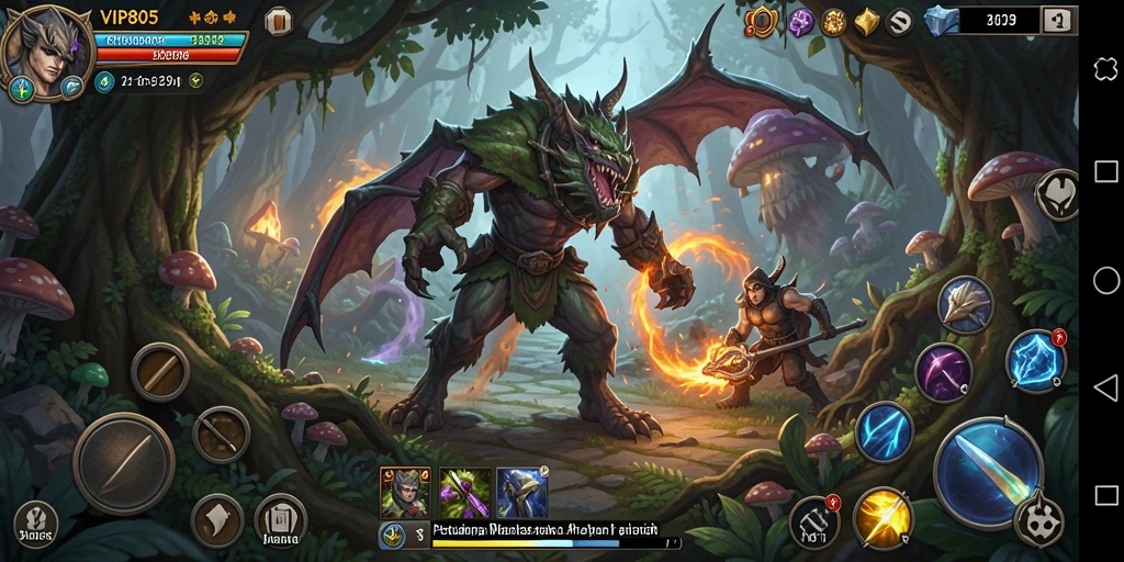 Screenshot utama VIP805 menampilkan aksi pertarungan epik pemain melawan monster besar.