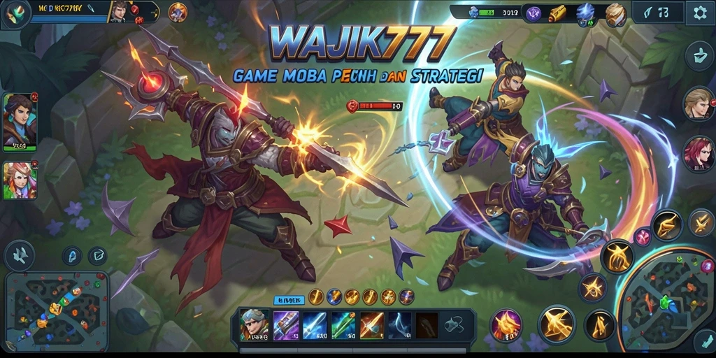 Screenshot gameplay MOBA yang menunjukkan pertarungan tim di WAJIK777.