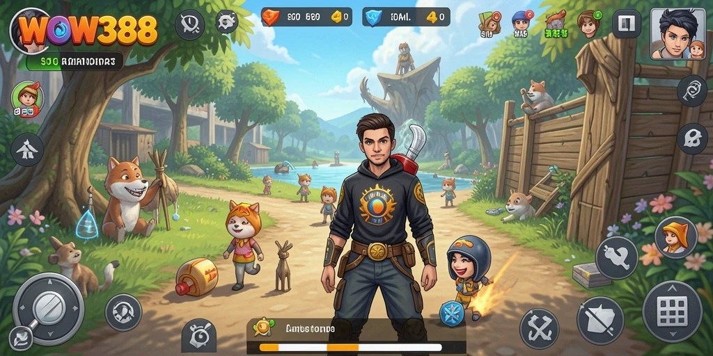 Screenshot gameplay WOW388 yang menampilkan interaksi karakter dan lingkungan.